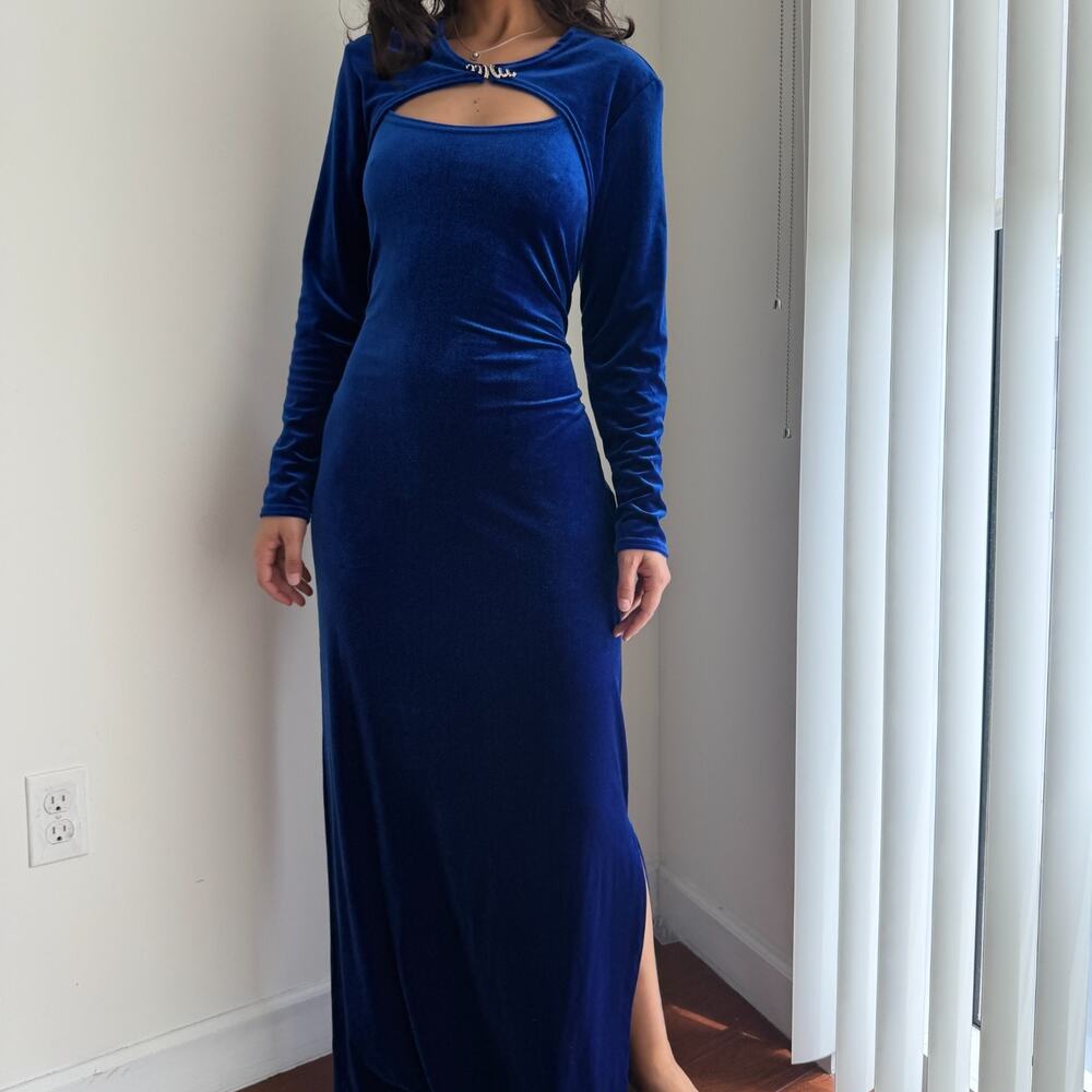 Vintage Onyx Nite Y2K Maxi Dress Set Blue Velvet Whimsigoth Witchy Glam Bolero